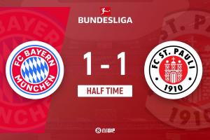 半场-拜仁暂1-1圣保利 格雷罗扳平迪亚斯倒地助攻卡尔比朔夫中柱